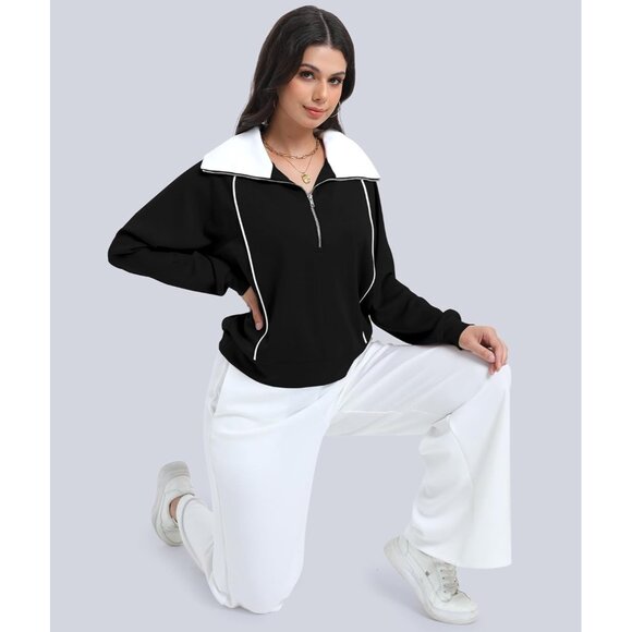 Womens Fashion Half Zip Oversized Sweatshirts Contrast Zipper Pullover Hoodies - Picture 4 of 6